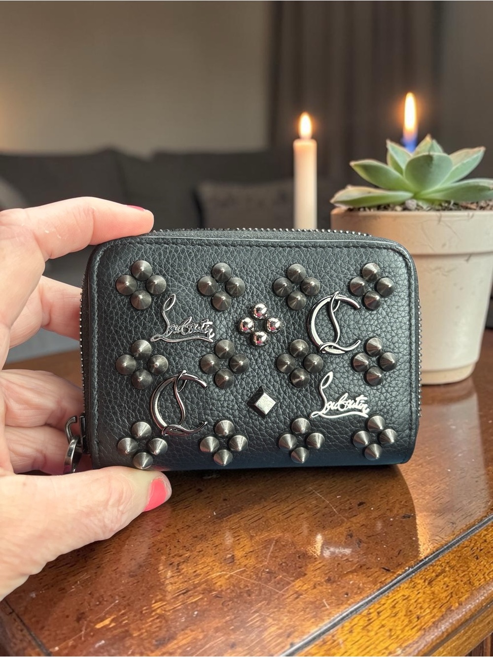 Christian Louboutin Black Studded Zip Around Wallet Gunmetal Spike